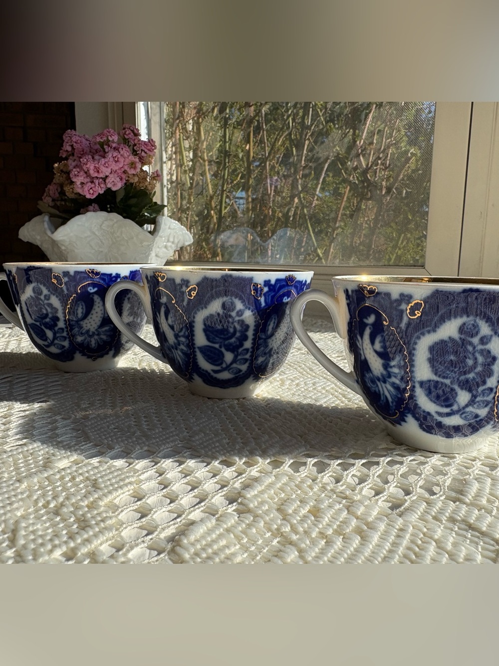 3 Blue and White Russian Porcelain Teacups with Gold Trim